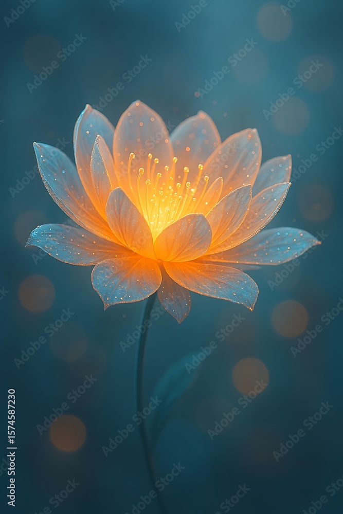 Poster luminous ethereal flower glows softly against a dark teal backdrop with shimmering bokeh effect.