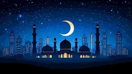 Silhouette of mosques and city at night under a crescent moon.