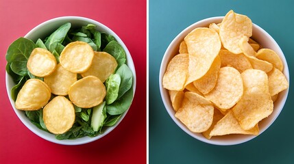 Healthy potato chips and a green salad in white bowls.