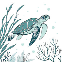 Illustration of a sea turtle swimming among seaweed and bubbles in a serene underwater scene
