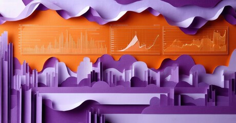 Papercraft cityscape displays data visualizations. Orange screens contrast purple buildings, creating abstract financial scene.