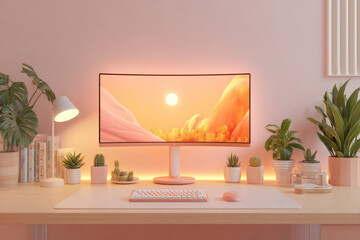 Stylish home office setup with modern monitor cozy workspace digital environment serene lighting aesthetic design concept for productivity