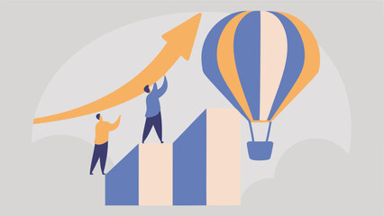 Obraz premium Two people working together to lift an arrow on a bar graph next to a hot air balloon icon