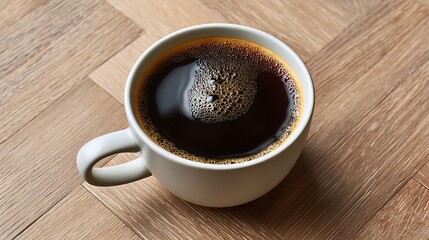 Close up of a white mug filled with dark hot coffee and foam on a wooden surface