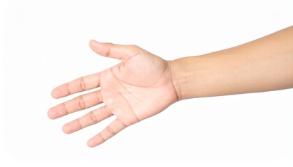 Hand gesturing open, offering a handshake or reaching out, on a white background with the arm extended.