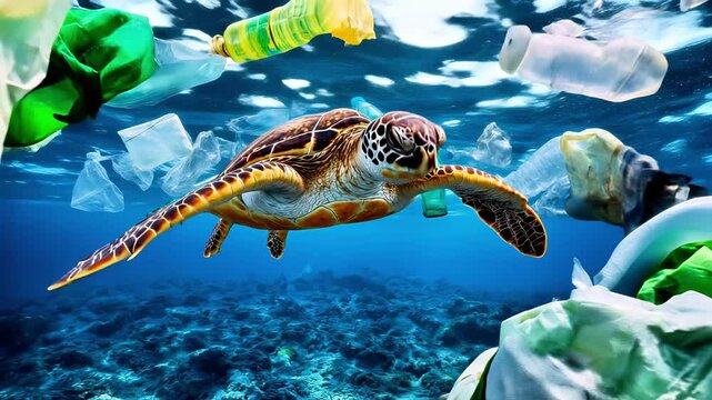 Sea turtle swimming gracefully through polluted ocean waters filled with plastic waste, highlighting the urgent need for environmental conservation and marine protection efforts