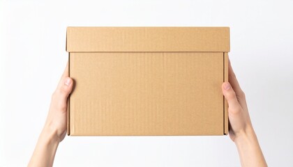 Hands holding a brown cardboard box on a white background showcasing delivery packaging and moving concepts.