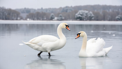 Fototapeta premium Two swans interacting on frozen lake in winter landscape 