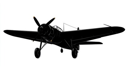 Fototapeta premium Black WWII propeller plane, isolated, white background, aviation history