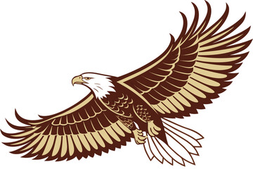 Obraz premium Illustration of a bald eagle in flight with detailed wings and feathers on a white background design style