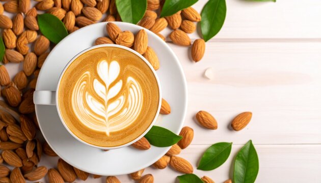 Overhead shot of latte art with almonds and green leaves scattered around on white wood surface creating an elegant and delicious coffee presentation.