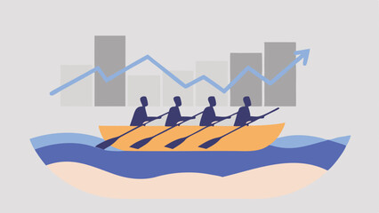 Fototapeta premium Four people rowing a boat with paddles in front of a graph trending upwards in the background