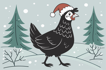Festive black chicken wearing a santa hat perfect for holiday designs