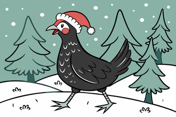 Cute black chicken wearing a santa hat for holiday celebrations
