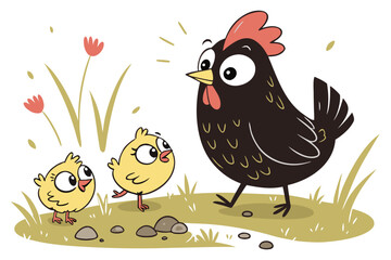 Cute cartoon black chicken family with yellow chicks and rooster
