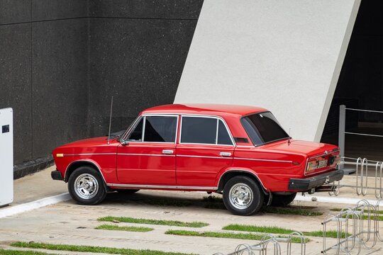 Red Lada VAZ 2106 Russian car in streets of Varadero, Cuba. Very good condition