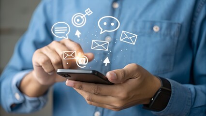 New notification concept. Man using smartphone with notification messages, incoming message reminders.