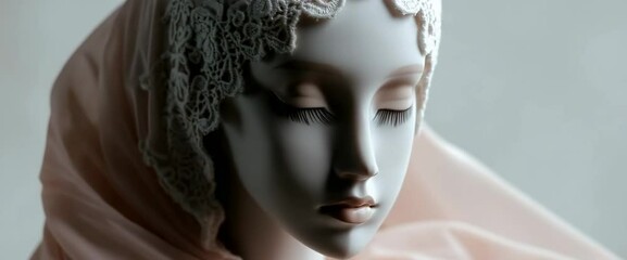 A white doll with a pink scarf draped over her head. The doll is sitting on a table. Muslim woman in hijab. Mannequin bride in wedding white festive dress and hijab. Modesty. Religion Islam. Wedding a - Powered by Adobe