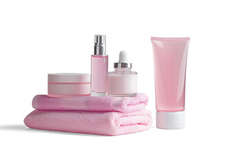 Pink Skincare Products on Folded Towels on a transparent background