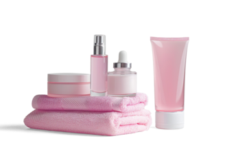 Pink Skincare Products on Folded Towels on a transparent background