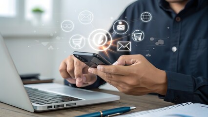 New notification concept. Man using smartphone with notification messages, incoming message reminders.