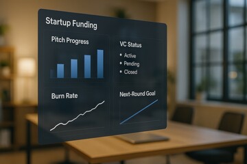 Startup Funding Dashboard Showing Pitch Progress, Burn Rate, VC Status, and Next Investment Round Goals
