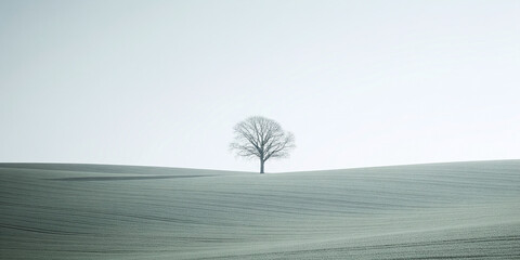 Arbre solitaire dans un champ vallonné sous un ciel clair