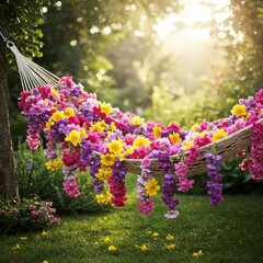 Obraz premium Colorful Flowers Adorn Hammock in Sunny Garden