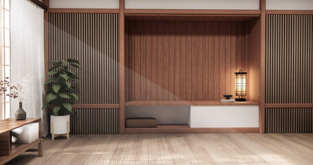 Tokonoma wall design Living room interior cleaning room Japanese traditional style. 3D rendering