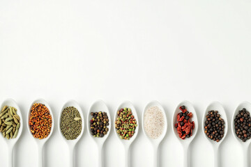 White ceramic spoons in a row, each holding a vibrant, unique spice, creating a colorful and aromatic display on a white background.