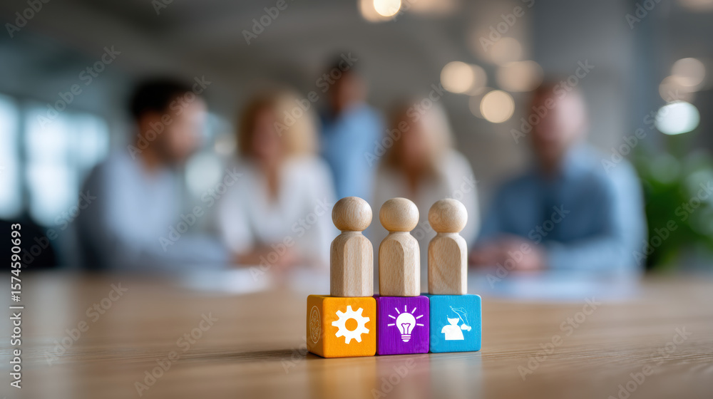 Poster wooden figures on colorful blocks symbolize teamwork and innovation in blurred office setting