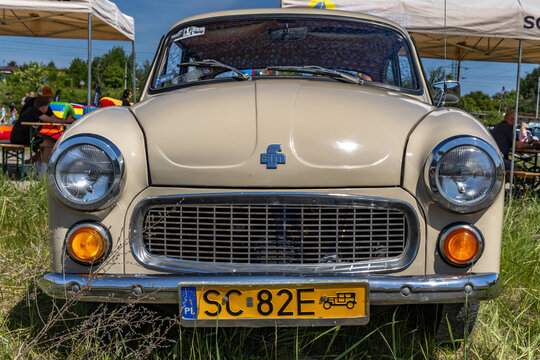 Wyrazow, Silesian Voivodeship, Poland - June 1, 2025 - Vintage car show, gray restored Syrena 105 from the FSM Factory in Poland with red interior