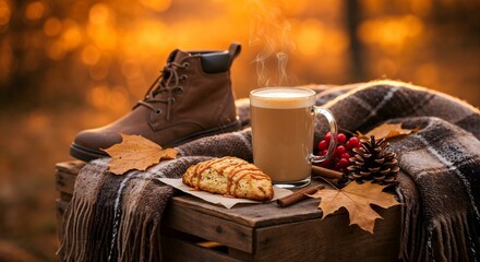 Steaming Maple Latte with Scone on Outdoor Crate in Fall Setting