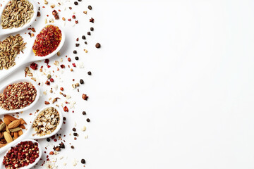 White ceramic spoons in a row, each holding a vibrant, unique spice, creating a colorful and aromatic display on a white background.