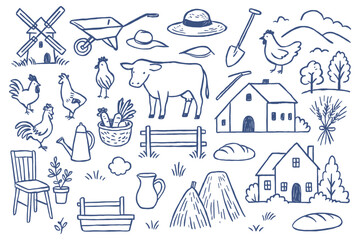 Rustic Charm Farm Life Illustration Featuring Windmill Livestock Homegrown Harvest and Agricultural Tools in a