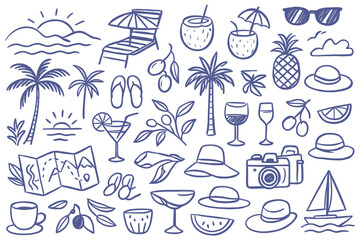 Hand drawn summer vacation elements background seamless pattern featuring tropical plants fruits travel items for