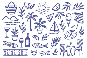 Mediterranean summer doodles vector illustration featuring sea food plants beach scenery restaurant items hand drawn
