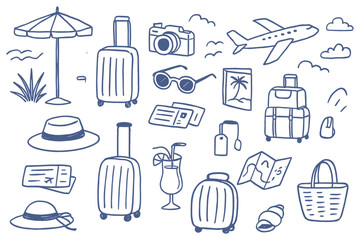 Whimsical travel themed doodles with beach accessories luggage and airplane illustration evokes vacation holidays and