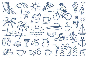 Delightful summer adventure line art vector for creative projects featuring sun sea nature relaxation travel leisure