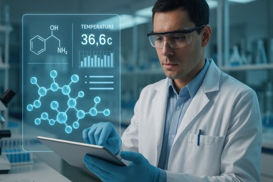 Scientist Using Tablet to Review Molecule Structure, Chemical Formula, and Temperature Data on Digital Lab Dashboard
