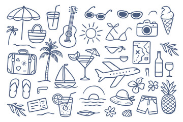 Hand-drawn summer vacation elements vector illustration with travel symbols showcasing leisure accessories for