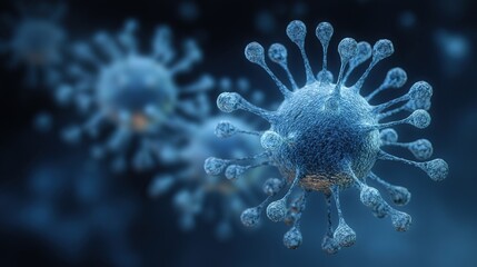 3D rendering of coronavirus with blue background in close up view, detailed natural realistic structure showcasing health concept and empty space