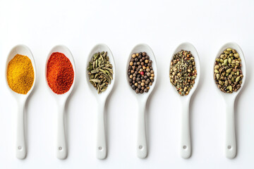 White ceramic spoons in a row, each holding a vibrant, unique spice, creating a colorful and aromatic display on a white background.