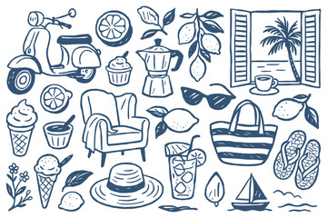 Whimsical summer doodle collection featuring scooter lemons coffee sunglasses ice cream and beach elements in charming