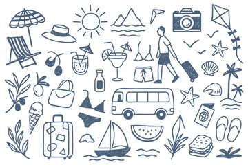 Hand drawn summer vacation elements perfect for travel themed designs and creating a beach holiday mood showing