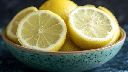 Close-up of sliced lemons in a teal bowl.