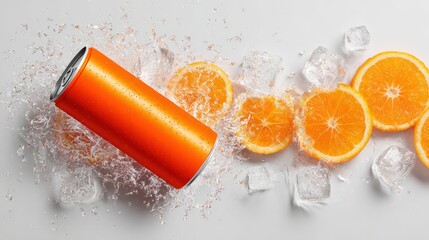 Vibrant orange beverage can splashing water with ice and fresh orange slices on a white background