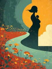 Silhouette of a pregnant woman holding a child, surrounded by vibrant flowers and a sunset
