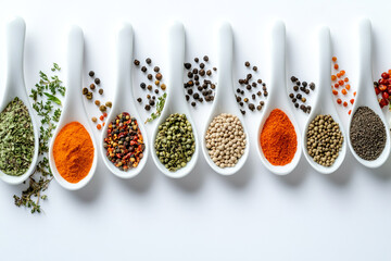 White ceramic spoons in a row, each holding a vibrant, unique spice, creating a colorful and aromatic display on a white background.
