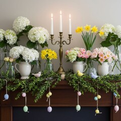 Pastel Spring Mantel Decor with Flowers and Birds